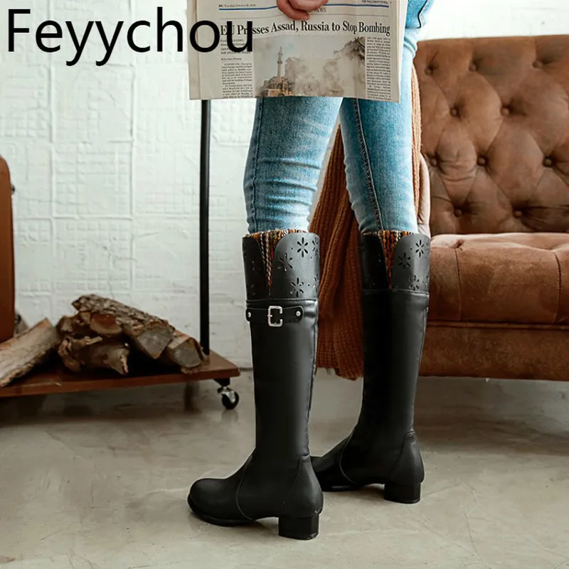 

Women Boots Autumn Winter Warm High-heeled Pu Knee High Round Toe Slip on 2018 Sexy New Fashion Martin Boots Black Size 34-47