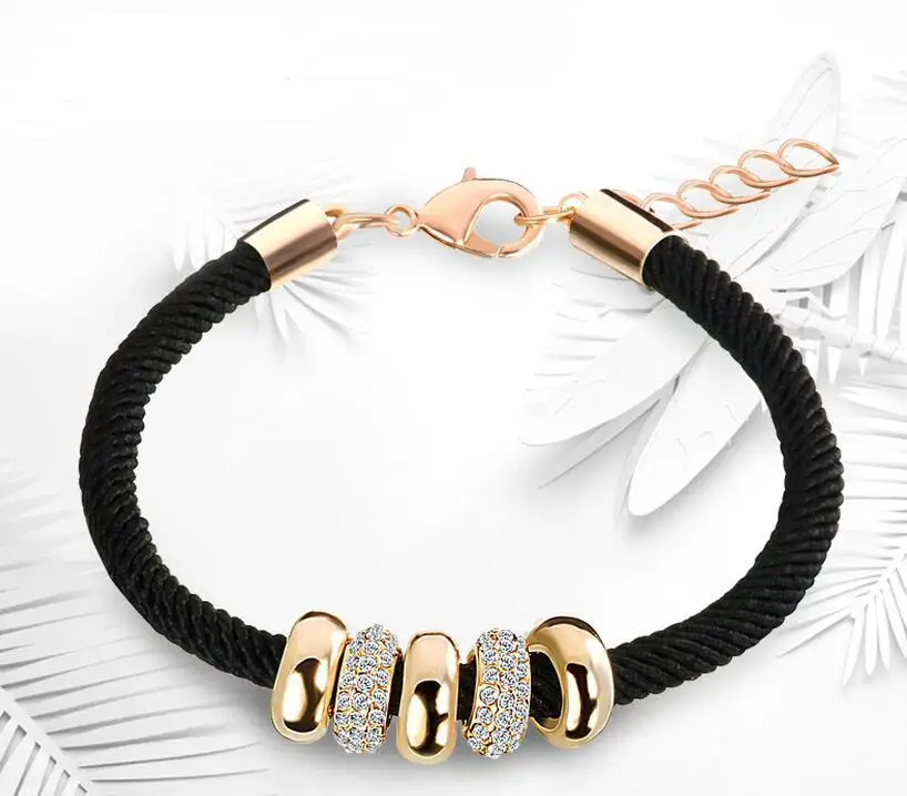 

Simple Slide Beads Designer Austrian Rhinestones Gold Color Rope Charm Bracelets Chain Lobster Jewelry for Women