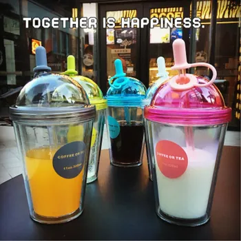

Creative plastic adult mugs with straw milk tea coffee cup with lid double-deck student couple juice glass portable water bottle