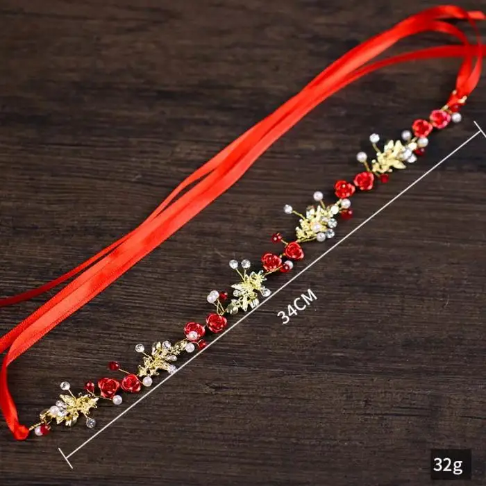 Chinese Hair Accessories Headband For Women Vintage Red Flower Pearl Hairbands Bridal With Earrings Wedding Hanfu Hair Jewelry