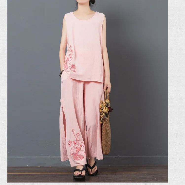 LZJN 2019 New Summer Women Sets Loose Tops and Pants Two Piece Suit Sets Women Casual Cotton Linen Tank Tops and Pants Set  (12)