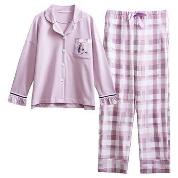 

New Spring Autumn Pajamas For Women 100%Cotton Pyjama Set Cartoon Long Sleeve Turn-down Collar Plus Size M-3XL Pyjamas Women