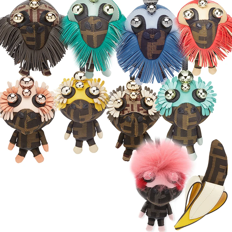 

Women Luxury leather banana space monkey bag charm keychain real monster animal fur key chain pendant