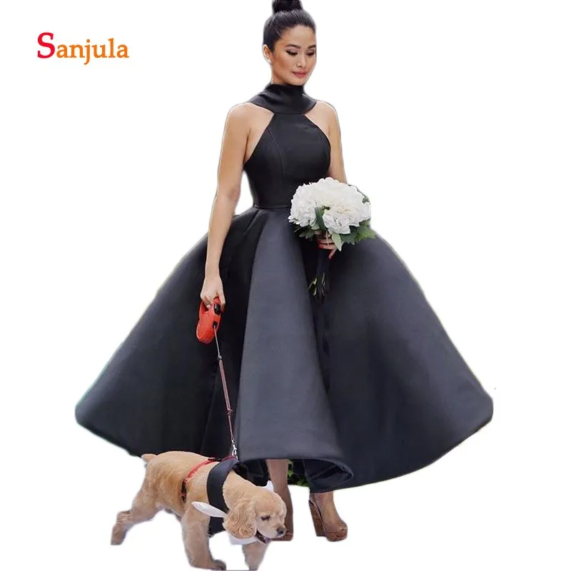 Ankle length Bridesmaid Dresses Halter Backless Big Bow Short Black