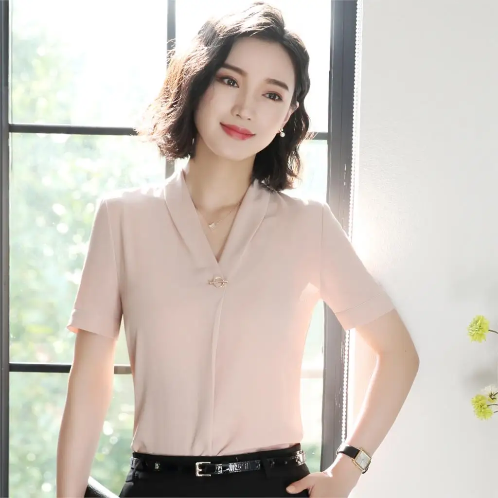 2017 Fashion Pink White Chiffon Blouse Short Sleeve Elegant Ladies ...