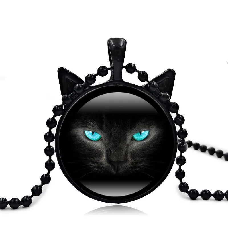 2016 New Fashion Black Cat Pendant Face Necklace Ear Jewelry Glass Cabochon Bead chain women Lover Gift | Украшения и аксессуары