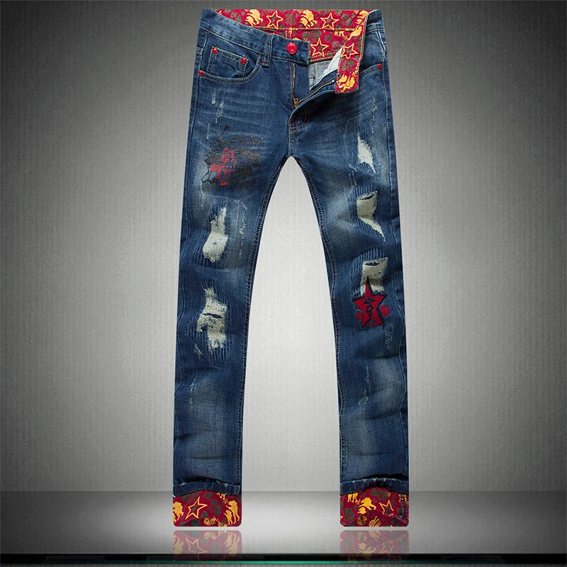

2017 new printed jeans fashion ripped jeans Thin section 1981 spring and summer fashion jeans frayed cuffs heavy process large s