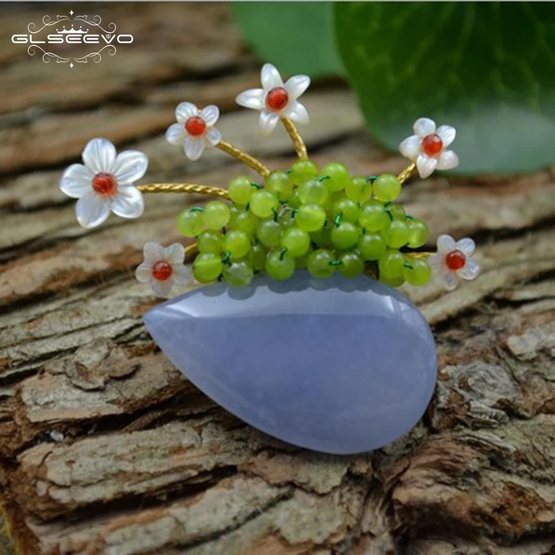 

XlentAg Natural Mother Of Pearl Flower Brooch Pins For Women Blue Agate Peridot Brooches Femme Bijoux Dual Use Jewelry GO0089