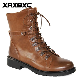 

XAXBXC 2018 Retro British Winter Brown PU Leather Motorcycle Boot Short Ankle Boots Warm Women Boots Handmade Casual Lady Shoes