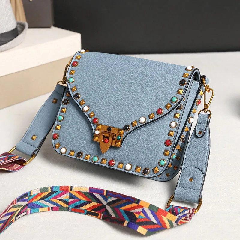 

LANZHIXIN Famous Designer Mini Women Messenger Shoulder Bags Colorful Ribbon Strap Rivet Crossbody Bags for Women Girls Ladies