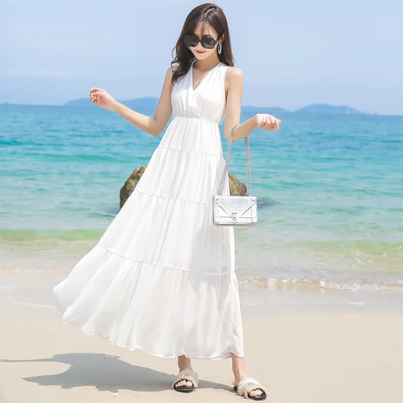

2019 Summer New V-collar Chiffon Dress Holiday Casual Fairy White Dress Off The Shoulder Sleeveless Women Dress