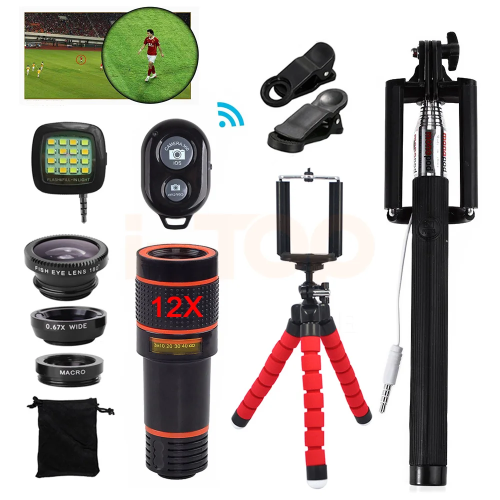 

15-in-1 Multifunction Self-timer Set 12X Telephoto Lens Telescope Wide-angle Macro Fisheye Self-timer Stick Bluetooth Tripod