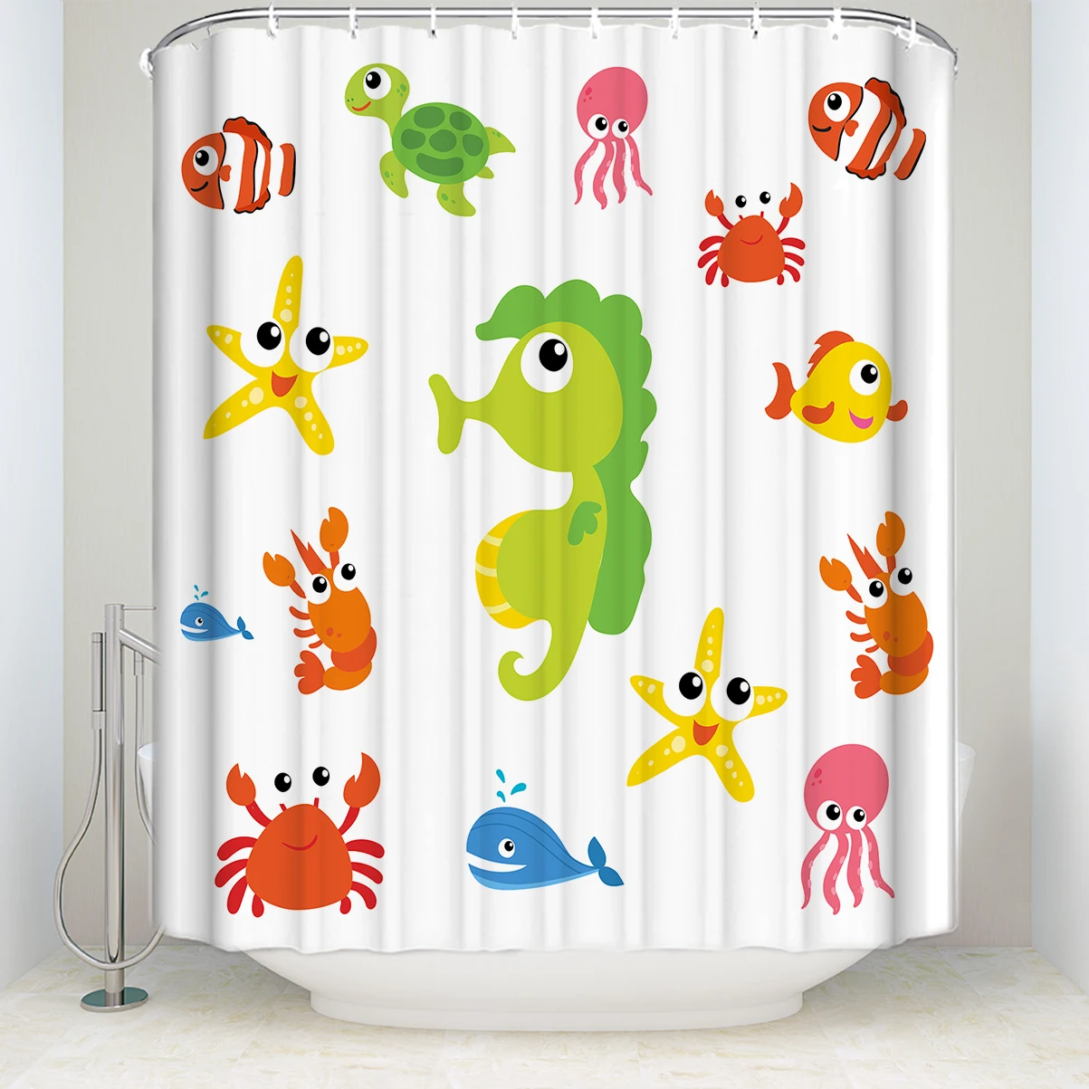 Custom Waterproof Bathroom Cartoon Marine Life Shower Curtain Polyester