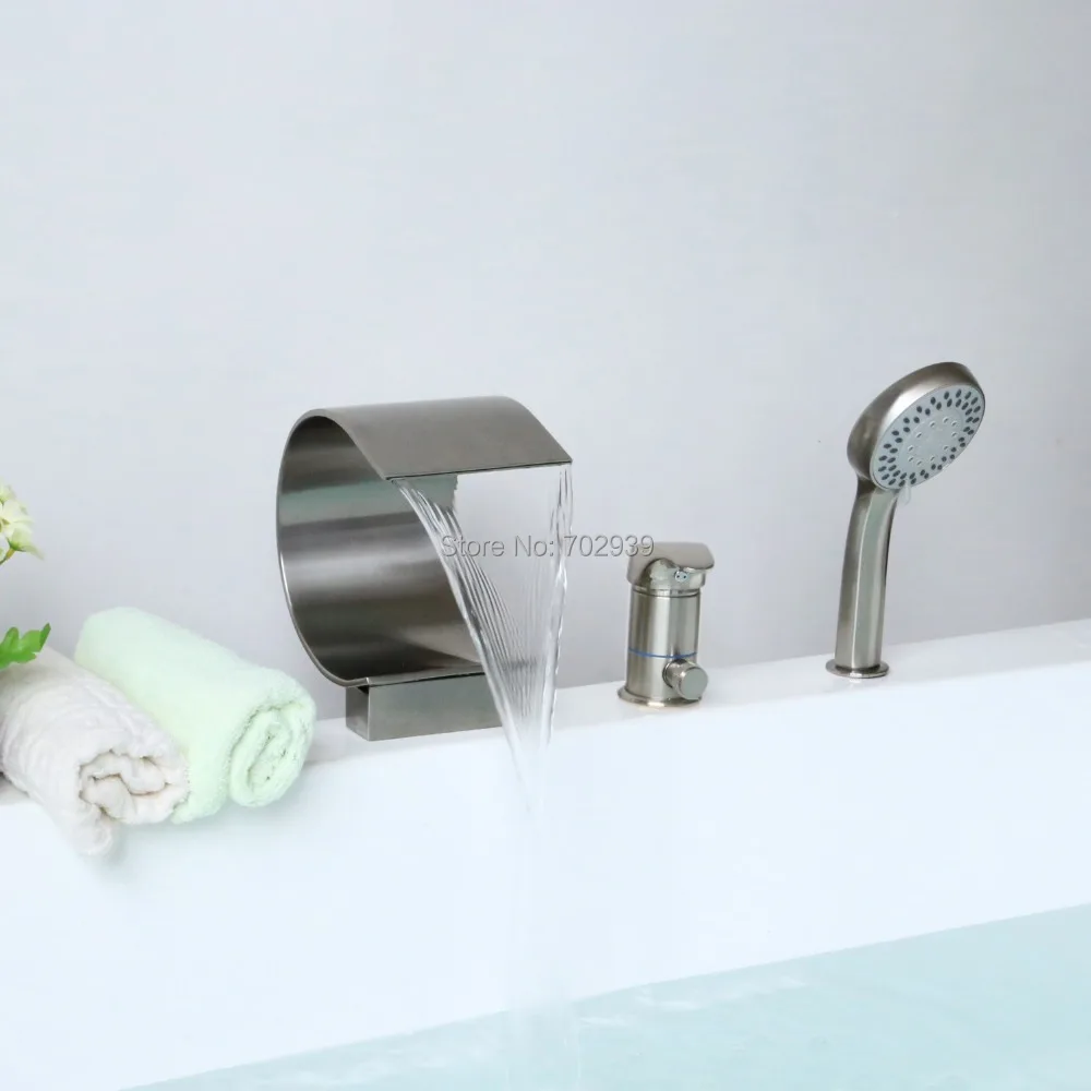 

Free ship Modern Bathroom Waterfall Roman Bathtub Tub Faucet Brushed nickel Widespread 3 Pcs