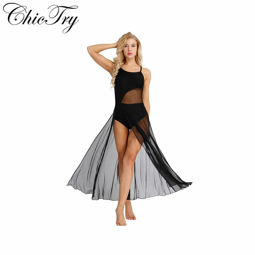 

Female Women Adults Ballet Dance Dress Spaghetti Strap Sleeveless Asymmetrical Mesh Maxi Dance Clothes with Built-In Leotard