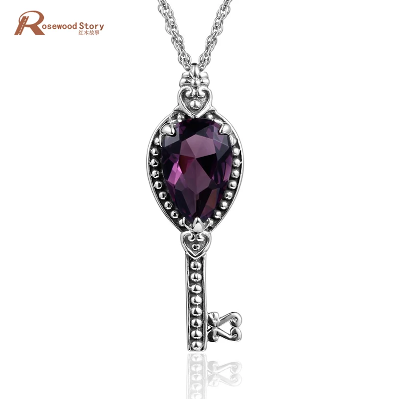 

Genuine 925 Sterling Silver Key Pendants&Necklaces Lab Amethyst CZ Stone Handmade Fine Jewelry Vintage Pendants for Best Friends