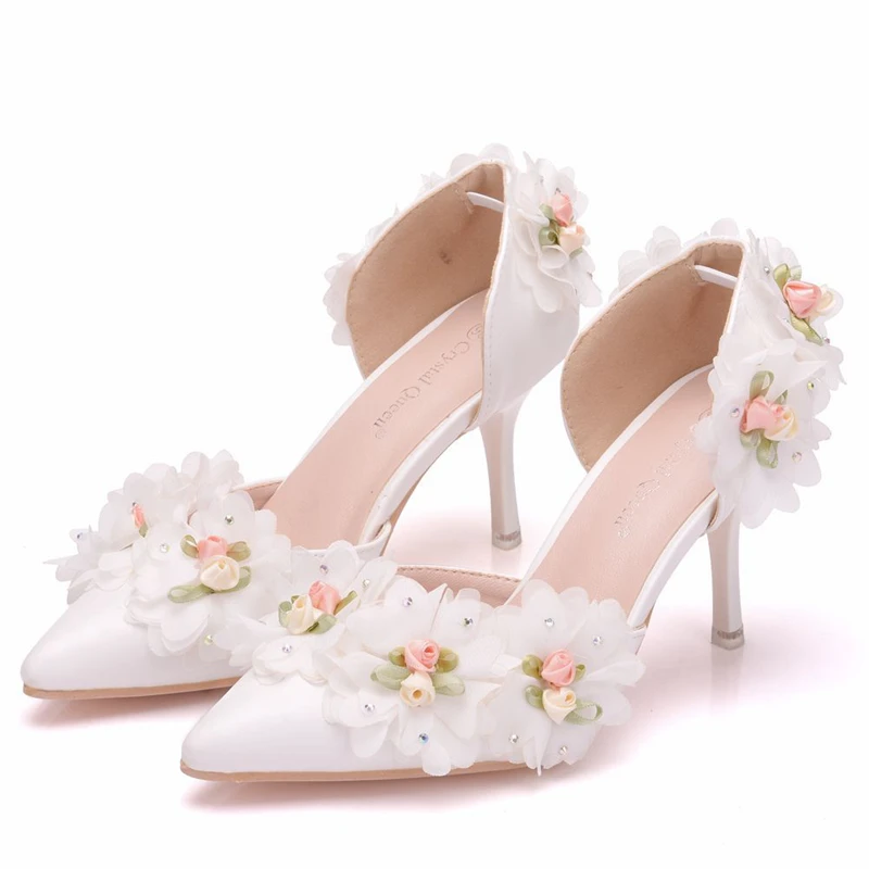 

Women Fashion Wedding Pumps Sweet White Flower Lace Pointed Toe High Heeled Party Sandals Big Size XY-A0243