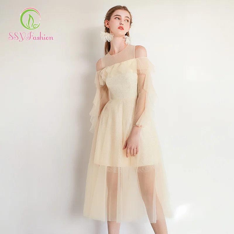 

SSYfashion Boat Neck Zipper Back Long Sleeves Ruffles Tea-Length Evening Dresses Shampagne Formal Dress Vestido De Festa Longo