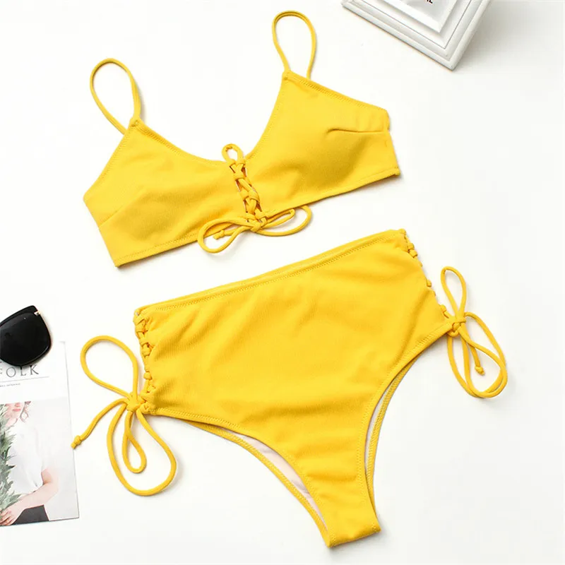 

Yellow High Waist Bikini 2019 Women Sexy Solid Lace Up Two Piece Swimsuit Ties Push Up Bikini Female Swimwear Summer Swimming