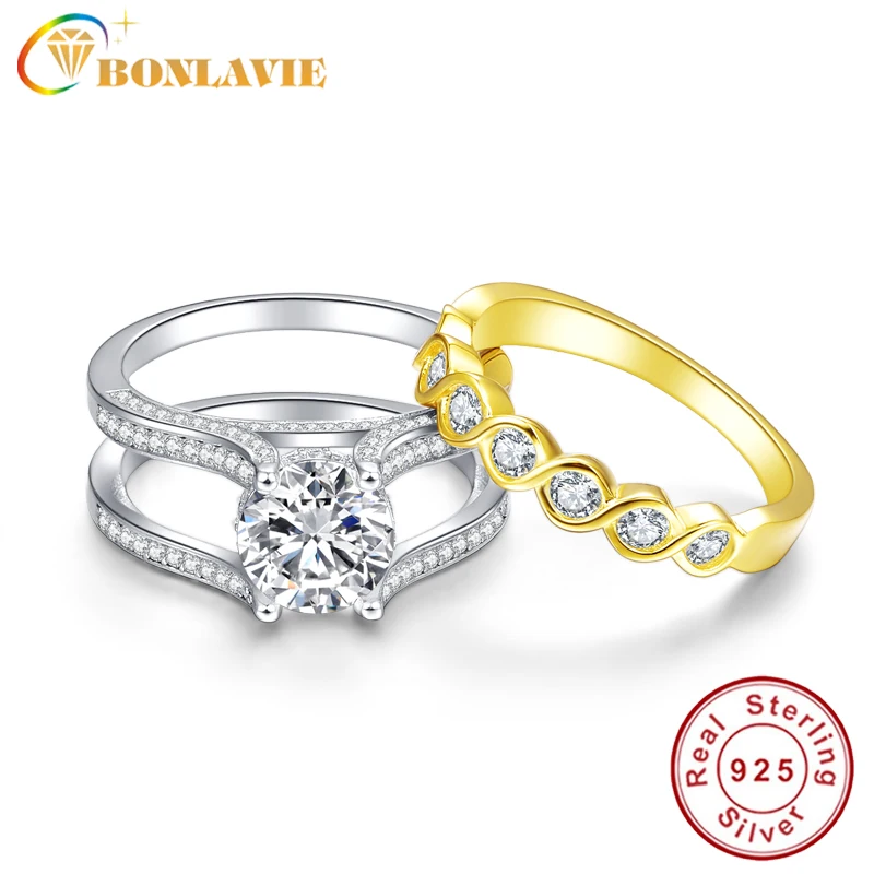 

BONLAVIE 2Pcs Pure S925 Silver Wedding Engagement Ring 18K Yellow Gold Plated Ring Band Wedding Ring New Bridal