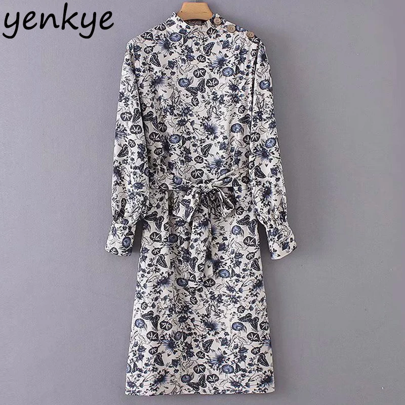 

Women Shoulder Button Long Sleeve Floral Print Dress Female Stand Collar With Belt Plus Size Casual Midi Autumn Dress