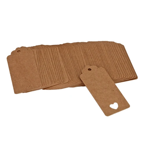 

100Pcs DIY Kraft Paper Tags Brown Rectangle heart Label Luggage Wedding Note Blank price Hang tag Kraft Gift 4X9cm White Brown