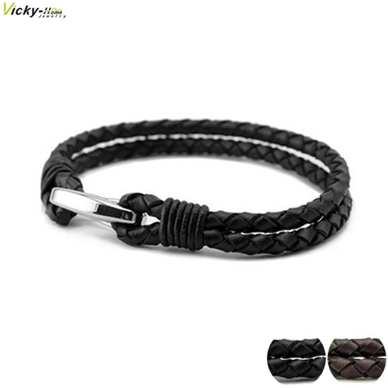 Мужской браслет из натуральной кожи Плетеный черный кожаный браслет с застежкой из нержавеющей стали