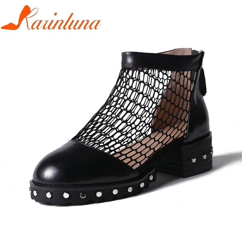 

KARINLUNA Plus Size 34-42 Cow Genuine Leather Woman Shoes Patchwork Black Zip Up Women Shoes Summer Pumps