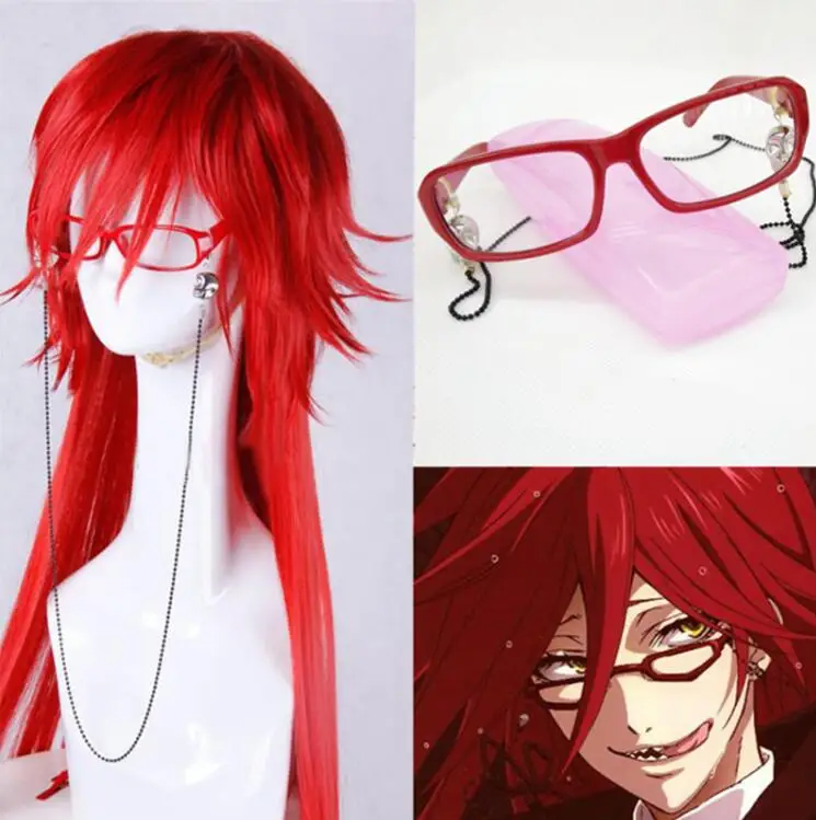 100 см длинные яркие красные Грелл Сатклифф термостойкие волосы Kuroshitsuji Черный Дворецкий Косплей Костюм парик+ Череп цепи очки - Цвет: Wig And Chain Glasse