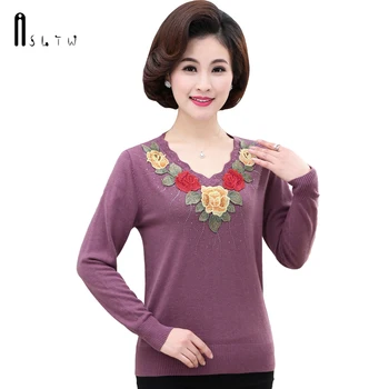 

ASLTW Pullover Sweater Women New Autumn Embroidery Floral Irregular Neck Sweater Plus Size Long Sleeve Cashmere Female Pullovers