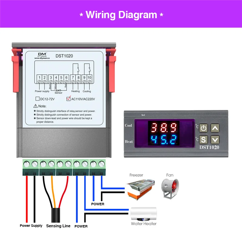 DST1020 DC 12 V-72 V AC 110-230V двойной Дисплей Цифровой термостат регулятор влажности воздуха DS18B20 Сенсор Водонепроницаемый зонд