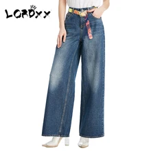 LORDXX Для женщин широкие брюки джинсы с высокой талией синий Повседневное джинсовые штаны офисные свободные джинсы клеш Молния fly расклешенные брюки femme