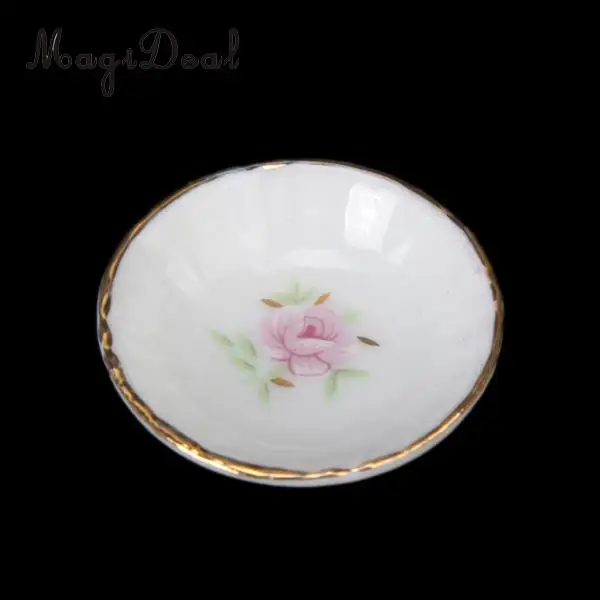 MagiDeal Porcelain 8Pcs/Set Dollhouse Bathroom Accessory Floral Ceramic Children Toys Decoration Pastel Rose