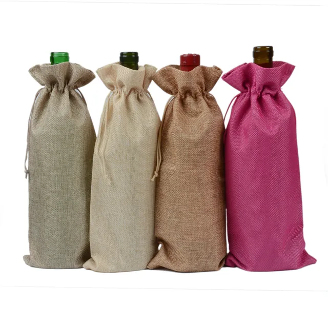 Aliexpress Jute Wine Bottle Covers Champagne Bag Jute Wine Bottle Covers Champagne Bag Drawstring Christmas Wedding Party Gift Pouches Burlap Hessian Packaging