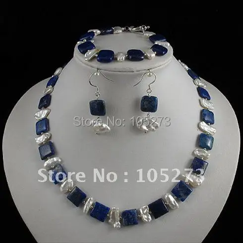 

Stunning!jewelry set AA 5-18mm blue lapis& white Genuine freshwater pearl necklace bracelet earring Hot sale free shipping A2410