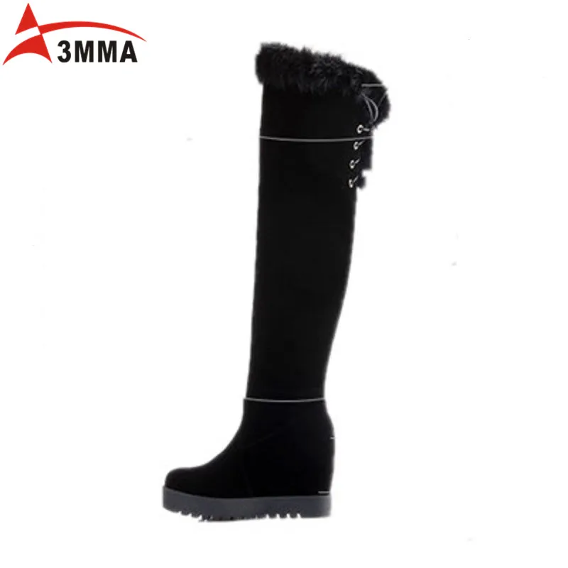 3MMA 2016 Handmade Women Over The Knee Boots Ladies Black Flock Leather Round Toe Lace up Thigh High Long Warm Fashion Boots
