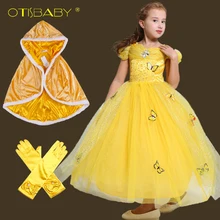 Новогоднее красивое платье принцессы Белль для девочек; платье из вуали с перчатками на Рождество, карнавал, день рождения, вечеринку, выпускной вечер; корона; бархатный плащ