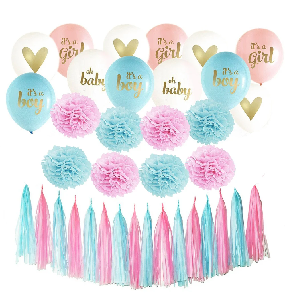 Baby Shower Decorations Pink Blue Balloons Tissue Pom Poms Boy Or