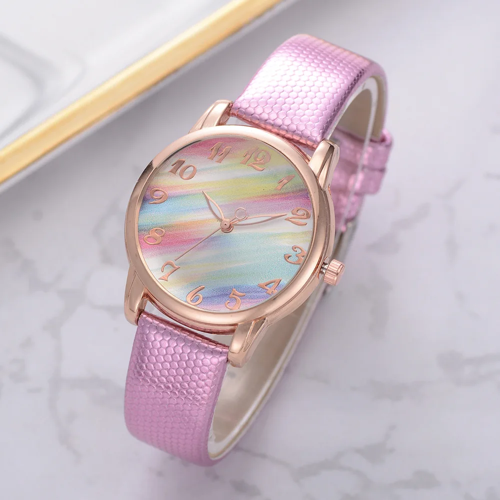 

2019 Fashion Women Watches Top Brand Luxury Minimalist Ladies Watch Famous PU Strap Rainbow Women Quartz Wristwatch Purple