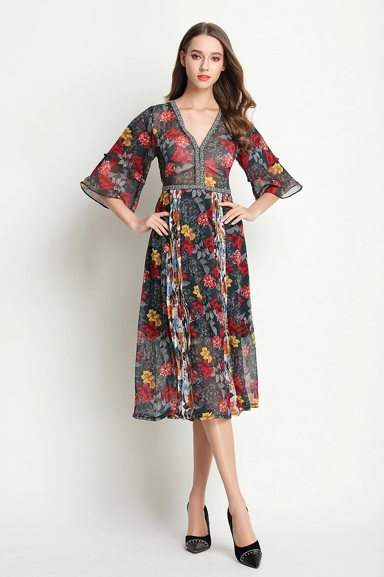 Европейский стиль, брендовая одежда, Модное шифоновое платье с коротким рукавом-клеш и цветочным принтом, женское платье в стиле пэчворк с v-образным вырезом, плиссированное вечернее платье