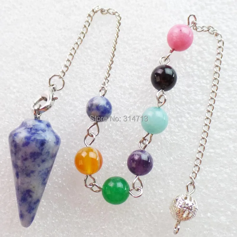 

(Min.order 10$ mix)Wholesale 1 piese Sodalite 32X15MM Pendulum With 7pcs Mixed 8mm beads And The Chain length 250mm