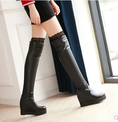 

Korean version of the increase in knee-length boots elastic stovepipe high-heeled boots with lace autumn and winter boots large