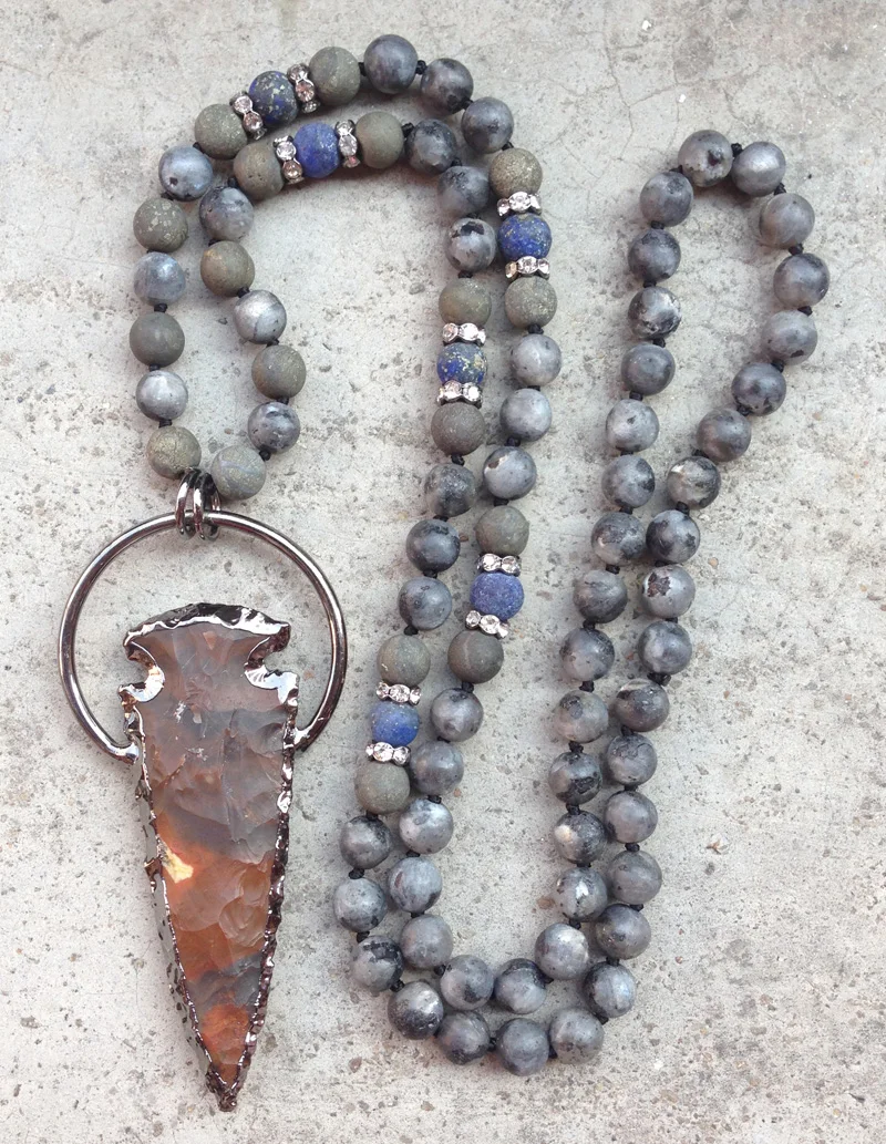 

YA2887 Jaspers Stone Arrow Pendant Matte Labradorite Pyrite Lapis 8mm Beads Knot Handmade Necklace