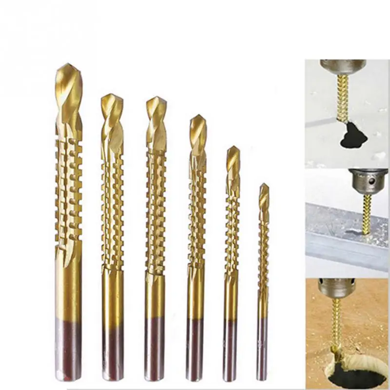 

Carpenter Woodworking Drilling Cut Grooving Saw Drill Bits Set 6Pcs Titanium Plating High-Speed Steel Drill Bits