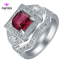 Shining Square Red Zircon Wedding Ring Set Vintage Fashion Silver Filled July Birthstone Bridal Double Rings R-091 Free Shiping