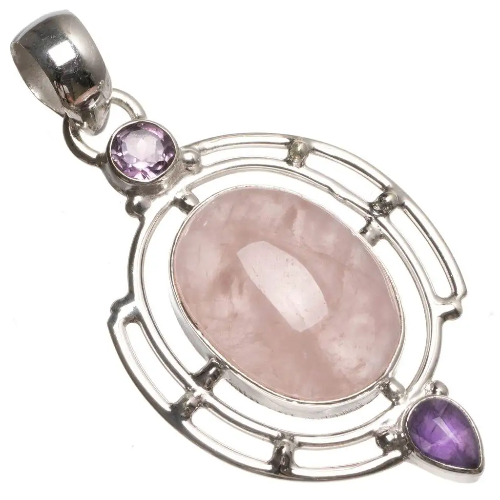 

Natural Rose Quartz and Amethyst Handmade Unique 925 Sterling Silver Pendant 2" T0293