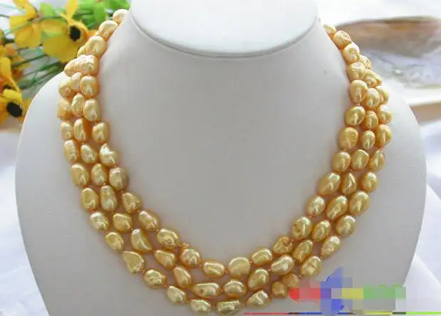 

FREE SHIPPING HOT sell new Style >>>>3ROW 11MM YELLOW BAROQUE FRESHWATER CULTURED PEARL NECKLACE P2375