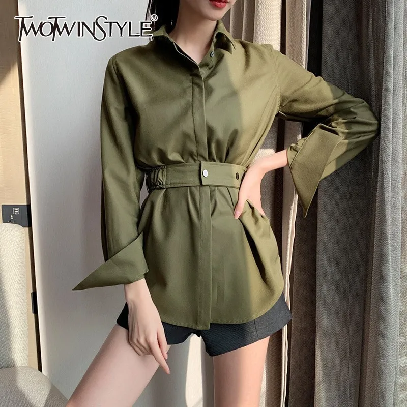 

TWOTWINSTYLE Korean Tunic Long Sleeve Women Blouse Lapel Sashes Black Shirt Female Casual Spring Fashion Clothes 2019 New