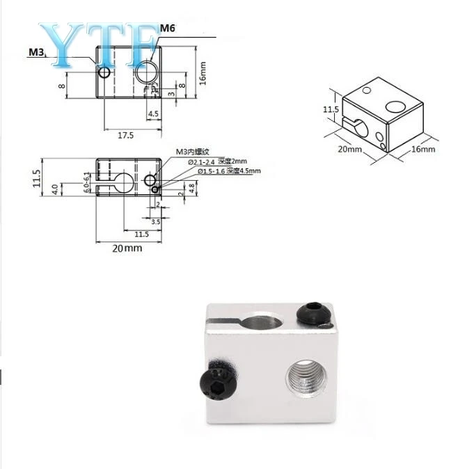 Алюминиевый V6 тепловой блок для V5 V6 J-head экструдер HotEnd 3D принтеры части нагревателя Горячий Конец нагревательные аксессуары 20*16*12 мм часть