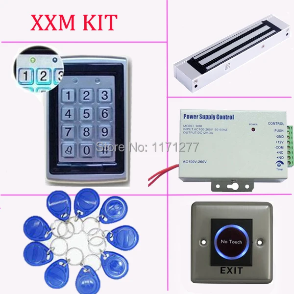 

Access control kit,EM ID Card standalone single door access control system+power supply+magnetic lock+exit button+FRID key